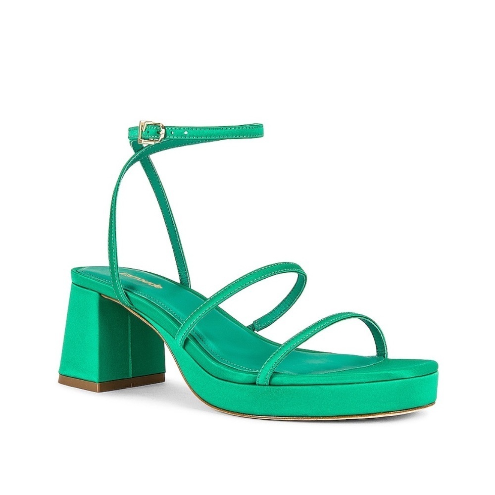 NEW Larroude Gio Strappy Low Block Heel Sandals in Green Satin, 6.5